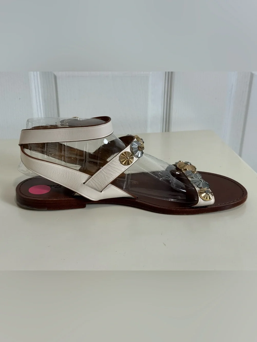 Coach Eleanor Studded Leather Flat Sandals Ivory/Cream Women’s Size 10B